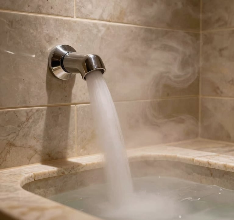 Close-up professional photography of thick, warm steam filling a contemporary marble-tiled steam room. A polished chrome steam nozzle is visible on the wall. The lighting is soft and atmospheric, highlighting the premium textures of the stone and the serene environment of a luxury North American spa.