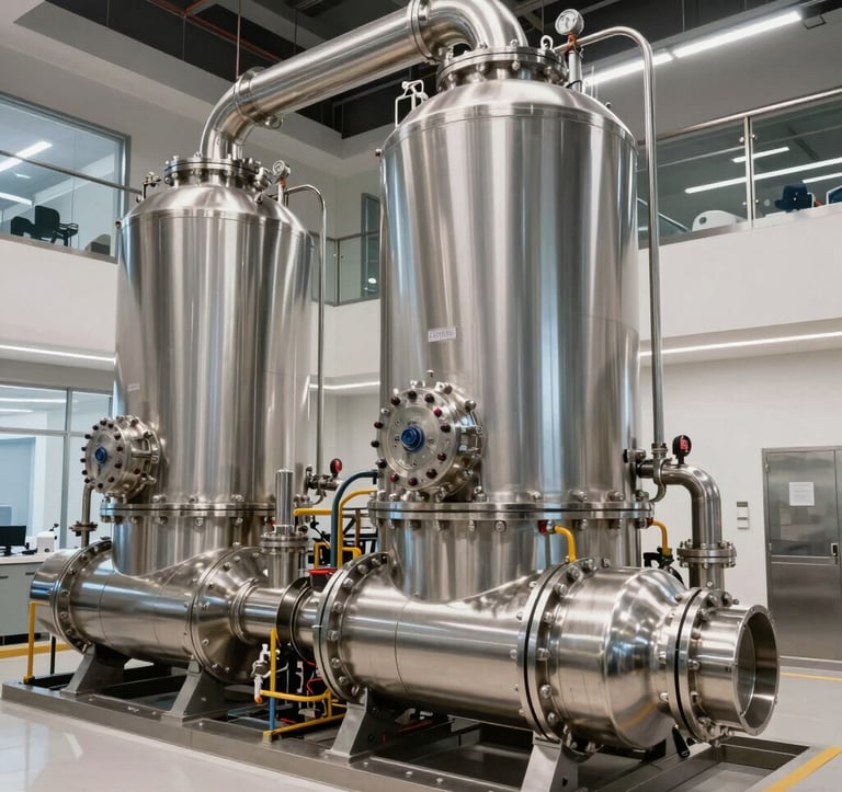 A professional architectural photograph of a high-performance commercial steam generator installation in a modern wellness facility, showcasing clean industrial design and stainless steel precision.