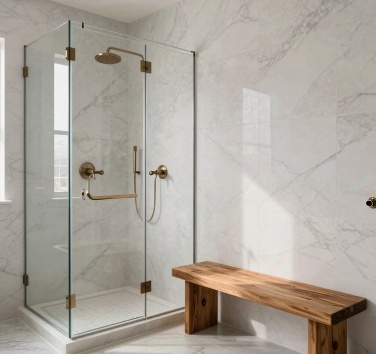 A bright and airy photograph of a contemporary North American master bathroom featuring a custom steam shower with light marble walls, a teak bench, and integrated soft bronze fixtures, exuding a sense of refined home wellness.