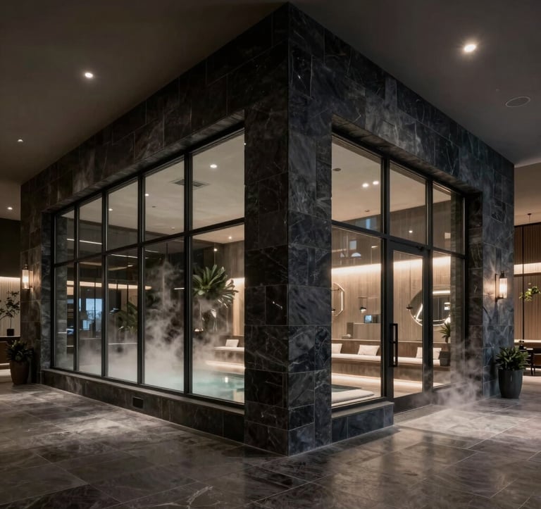A professional architectural photograph of a large commercial wellness center's steam area. High ceilings, dark navy stone finishes, and floor-to-ceiling glass partitions. The lighting is low and moody, creating a sophisticated atmosphere of professional luxury in a North American setting.