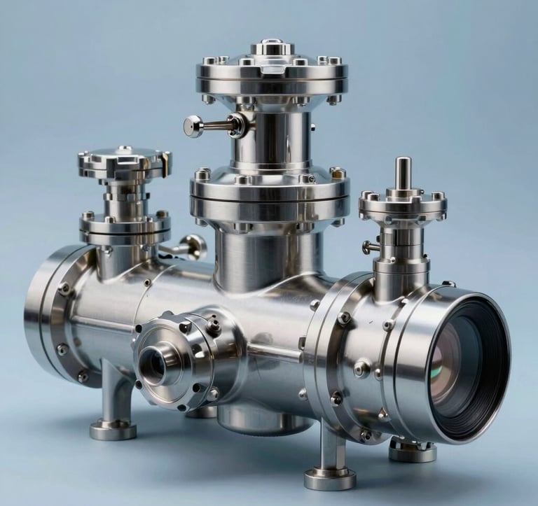 Macro photography of a sleek stainless steel steam generator unit. Polished metal surface reflecting soft steel blue light. Focus on precision-machined valves and sophisticated industrial design. Professional studio lighting on a neutral light blue background.