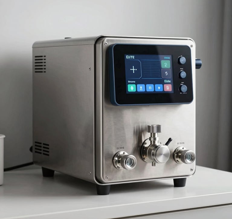 A detailed product photograph of a sleek, stainless steel Elite Steam generator unit mounted in a clean, modern utility space. The device has a sophisticated industrial aesthetic with digital display elements and precision-engineered valves. Lighting is bright and professional with steel blue highlights.