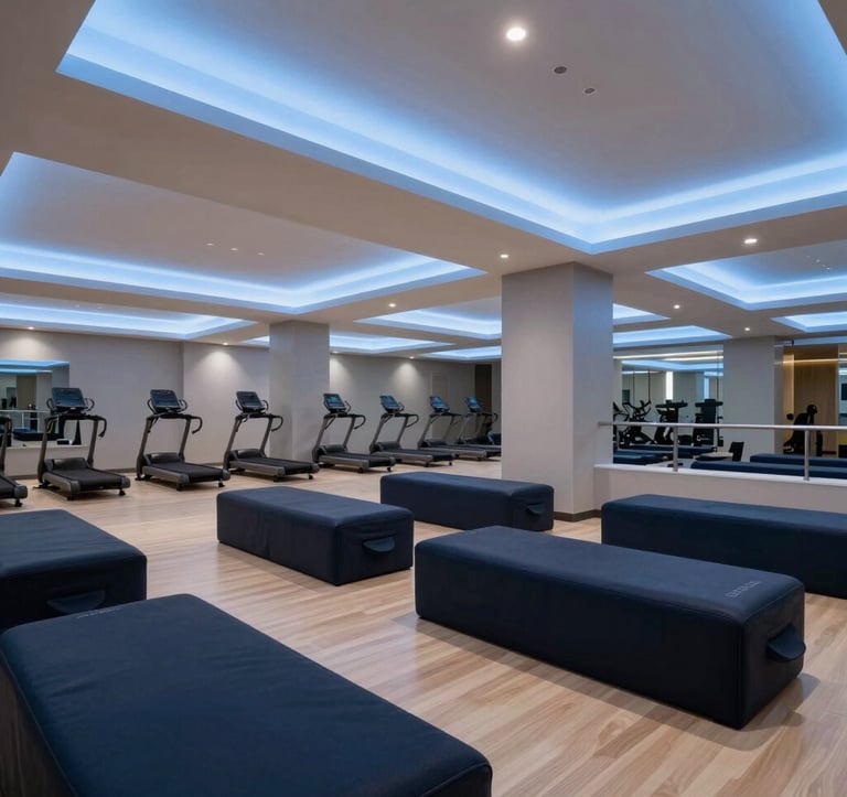A wide-angle interior photograph of a clean, modern commercial wellness suite in a prestigious North American athletic club. The design features geometric architectural lines, dark navy seating, and sophisticated soft blue lighting that creates an atmosphere of high-end professionalism and modern elegance.