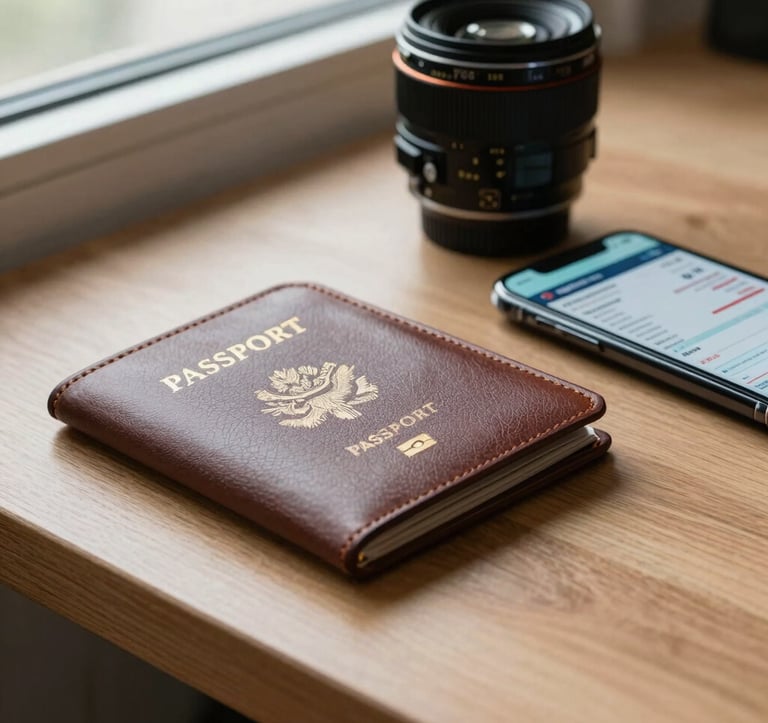 Detailed shot of a luxury travel kit including a leather passport cover and a smartphone displaying a flight itinerary, resting on a clean wooden surface with soft light coming from a nearby window.