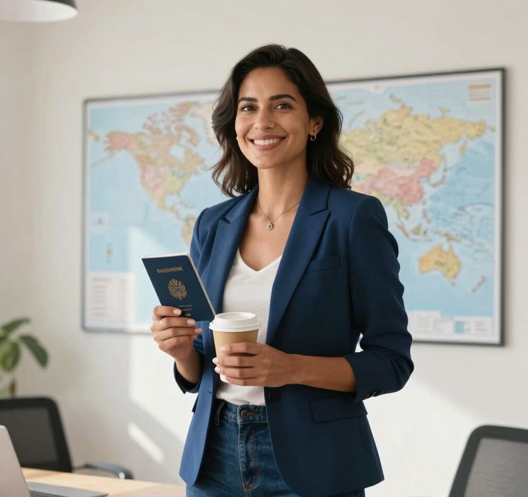 A smiling South American woman in her 30s standing in a sunny, modern office space with travel maps on the wall. She is holding a passport and a coffee, conveying confidence and aspiration. Clean photography with off-white and deep blue elements.