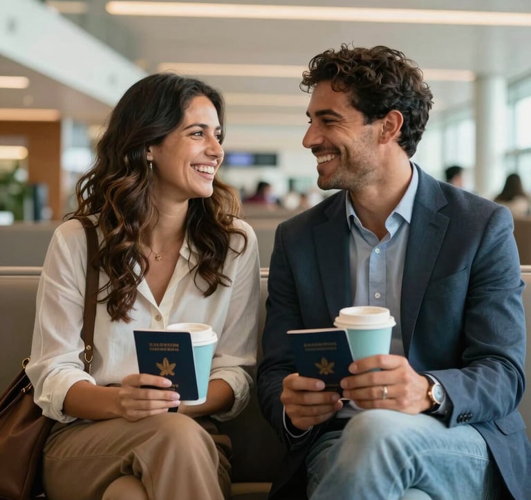 Medium shot of a South American / Brazilian couple laughing together in a luxury airport lounge. They are dressed in smart-casual attire, holding passports and a light blue coffee cup. The background is softly blurred with modern architectural lines and a warm, aspirational lighting.