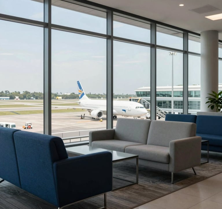 Photography of a sophisticated airport lounge interior with modern furniture in deep blue and light gray tones, featuring floor-to-ceiling windows looking out onto a sunny runway in a South American metropolitan airport.
