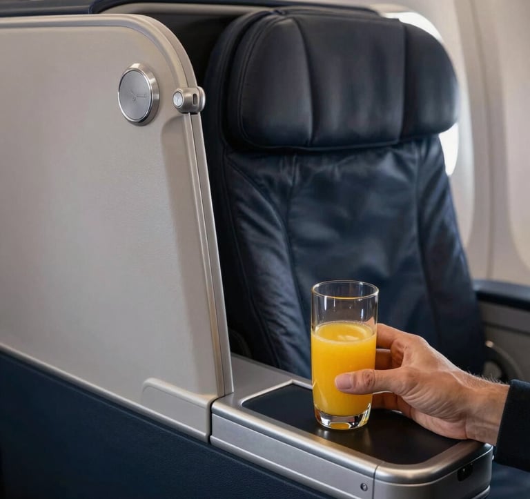 Detail shot of a modern, luxury business class airplane seat. Professional photography focusing on the elegant textures and high-tech features. Soft lighting, South American traveler's hand holding a glass of juice. Dark navy and light grey tones.