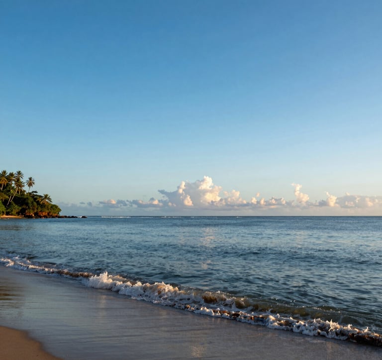 Photography of a South American / Brazilian tropical beach at sunset. A calm ocean with gentle waves, golden hour lighting, and a feeling of peace. High-end, professional travel photography style with vibrant navy blue and soft light blue hues.