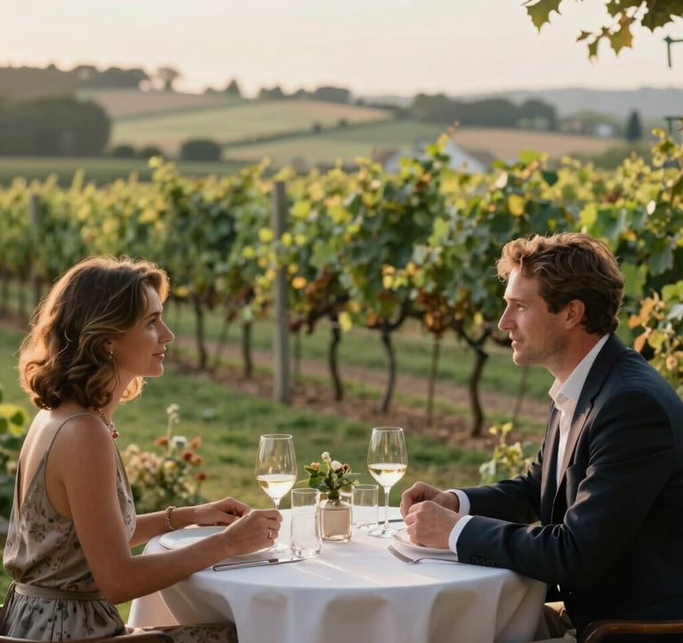 Elegant travelers engaging in a meaningful conversation at a boutique vineyard dining table, surrounded by lush scenery and soft, warm lighting. Premium, sophisticated atmosphere, North American / International.