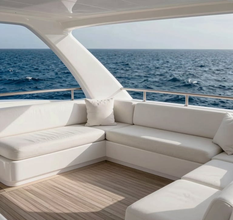 A high-end photography of a private yacht deck at sea, with elegant white furnishings and a glimpse of the deep blue ocean. North American / International luxury aesthetic with soft light grey tones.