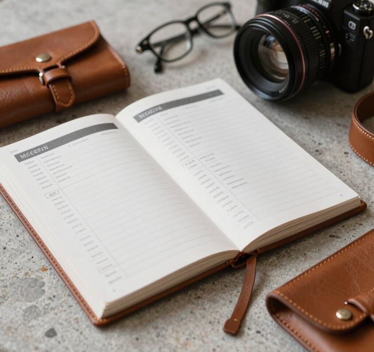 Detailed shot of a sophisticated travel itinerary and high-end leather accessories on a light grey stone surface. Soft daylight, premium and globally aware style. North American / International.