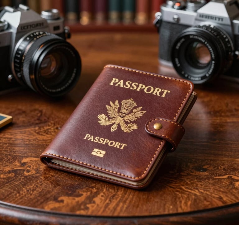 A close-up photograph of a bespoke leather passport holder and high-end camera resting on a mahogany table in a well-appointed luxury library. The lighting is warm and inspiring, suggesting global exploration and North American international standards.