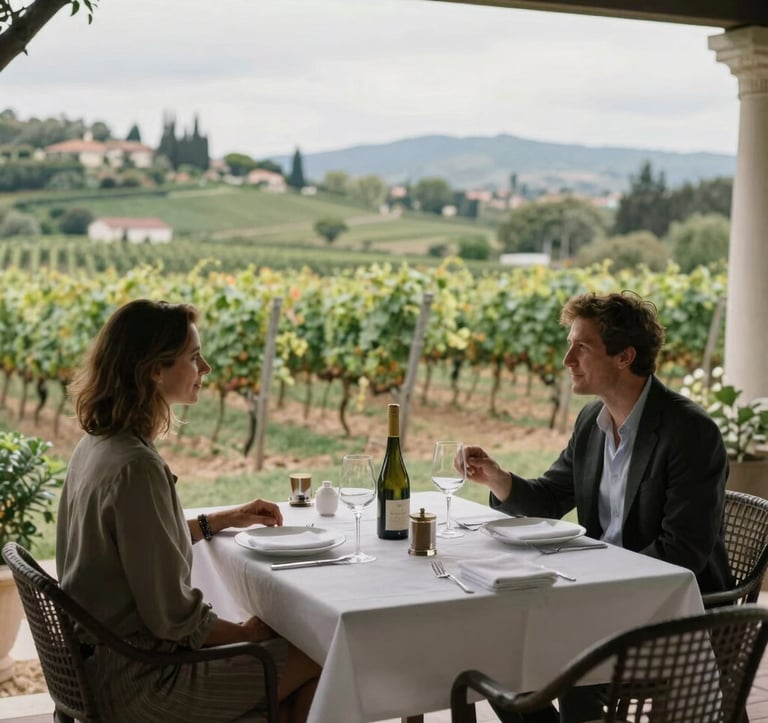An elegant outdoor dining scene at a private villa overlooking a vineyard, soft natural lighting, capturing an exclusive yet responsible approach to global travel, North American / International context.
