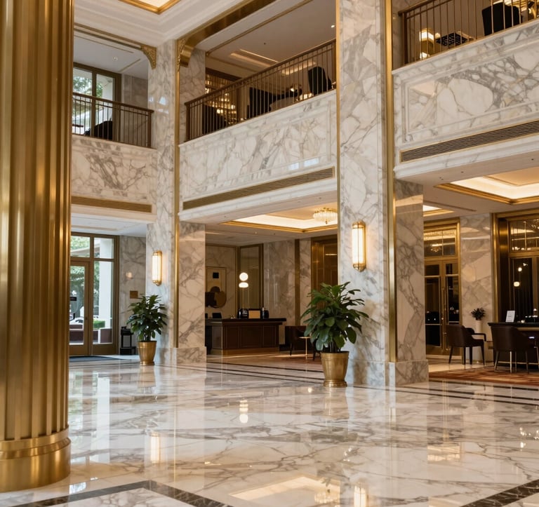 A sophisticated interior shot of a luxury hotel lobby with gold accents and elegant marble surfaces, reflecting trust and inspiration in high-end travel, North American / International setting.