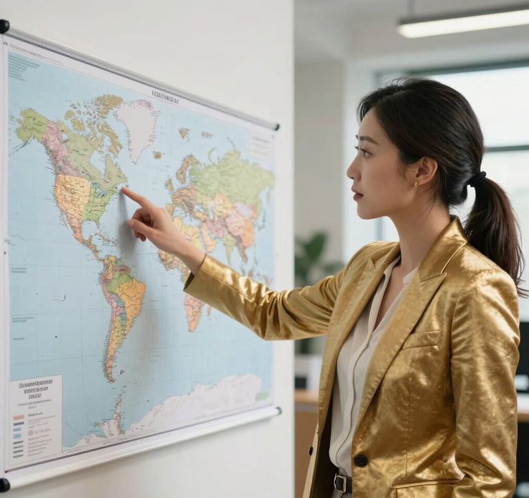 A professional and elegant travel advisor in a gold-toned blazer pointing at a detailed global map in a light-filled, modern office. The scene exudes trust and expertise within a North American international context.