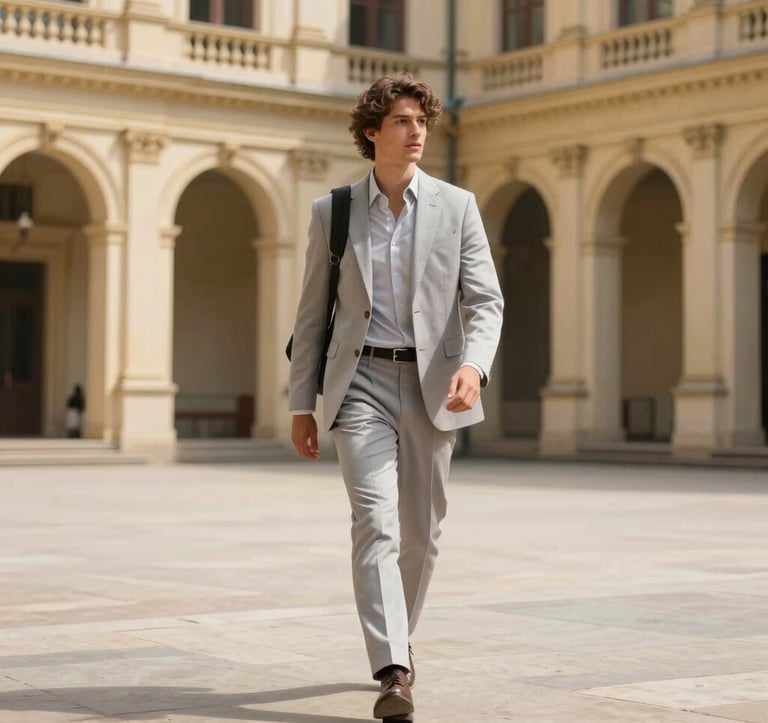 Photography of an elegant traveler in North American / International attire walking through a historic, sun-drenched courtyard with classical architecture. Sophisticated composition with muted gold and light grey tones.