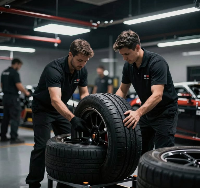 A focused, dark, and highly professional image of a motorsport pit crew practicing a precise tire change under dramatic garage lighting. Deep blacks (#0a0f0a) and sharp focus on the mechanics.