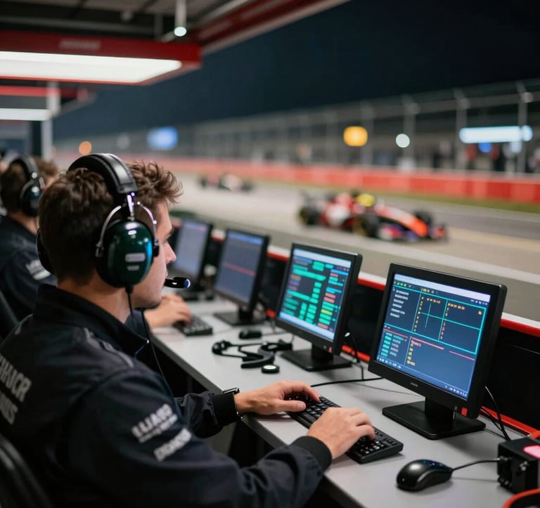A professional motorsport pit wall during a night session. The focus is on the row of high-end headsets and tactical screens glowing with data. The background is a blur of pit lane action, maintaining a dark, authoritative aesthetic.