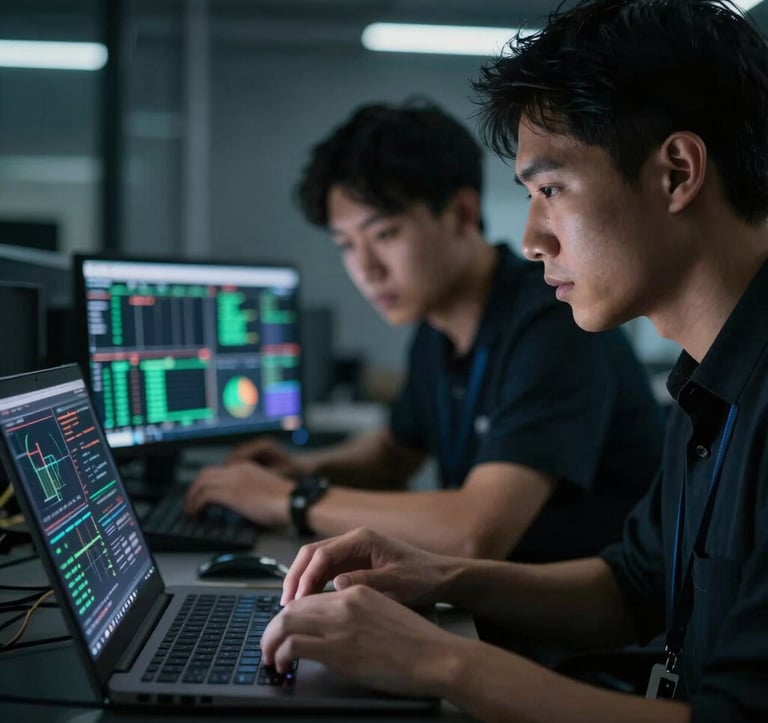 Close-up of engineers reviewing intricate telemetry data on a laptop screen in a dark, high-tech environment. The lighting emphasizes intense concentration and precision.