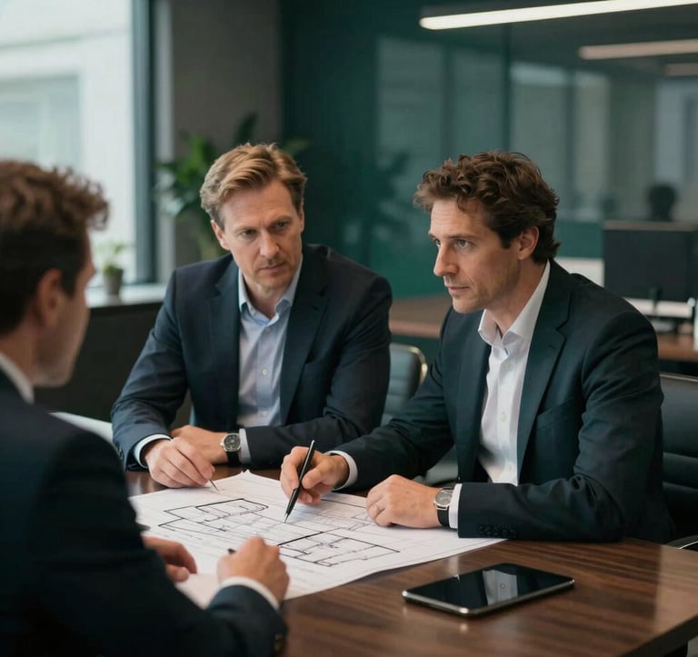 Two motorsport executives discussing strategy over architectural blueprints in a sleek, modern, dark boardroom. Professional, authoritative mood with #134421 deep green accents.