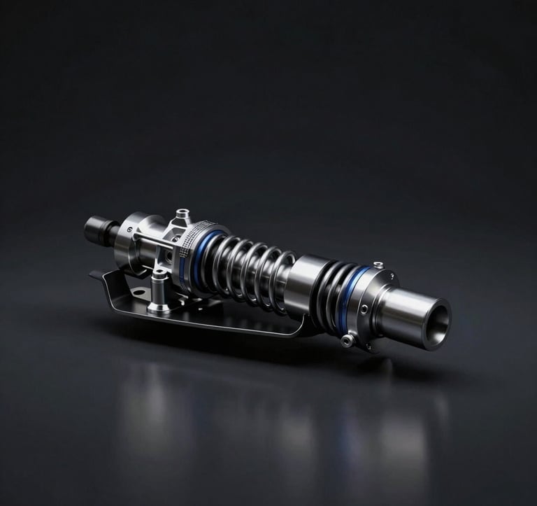 A sleek, dark studio shot of a high-performance race car's suspension components, highlighting the precision machining and metallic finishes. Minimal lighting, deep black background #0a0f0a, reflecting a mood of engineering perfection.