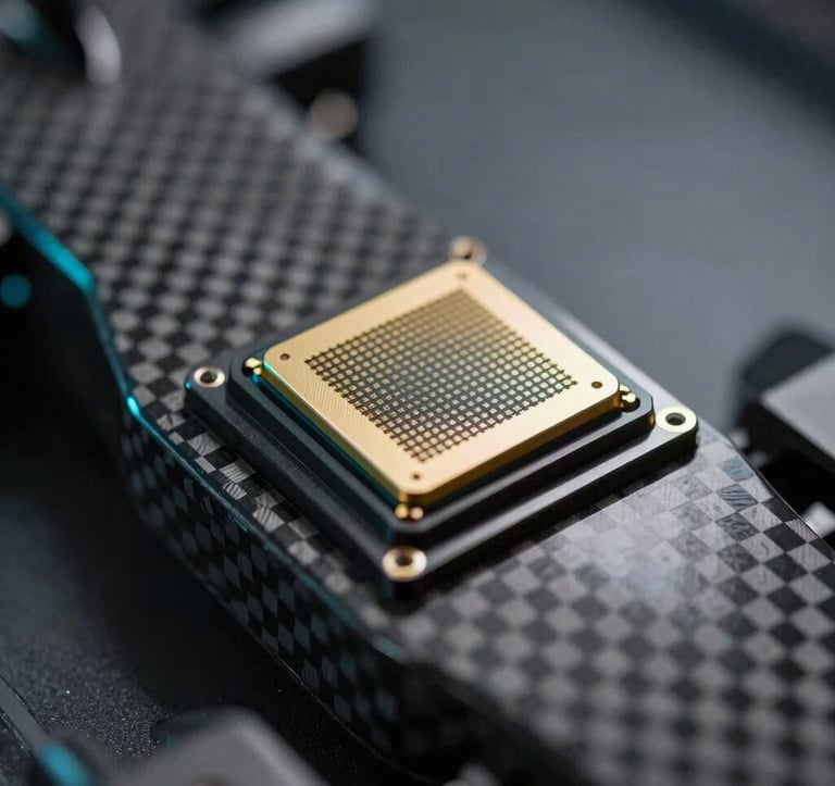 A macro photograph of a high-precision sensor mounted on a carbon fiber racing component. The lighting is dramatic and clinical, highlighting the texture of the weave and the metallic finish of the sensor. Brand colors #0a0f0a and #134421 are reflected in the surfaces.
