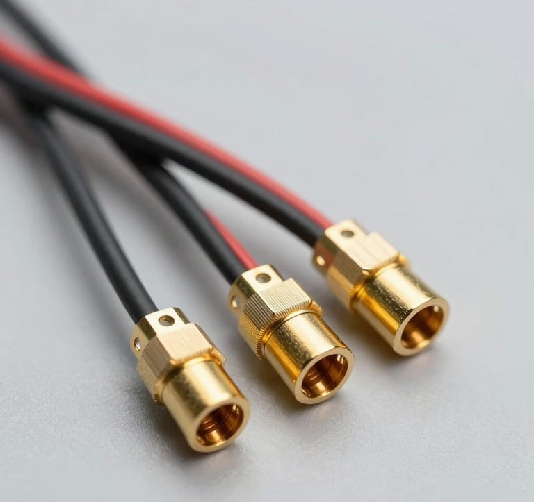 A macro photograph of high-end motorsport wiring looms and gold-plated connectors. The lighting is focused and clean, set against a light gray #F5F5F3 background to emphasize technical detail and precision assembly.