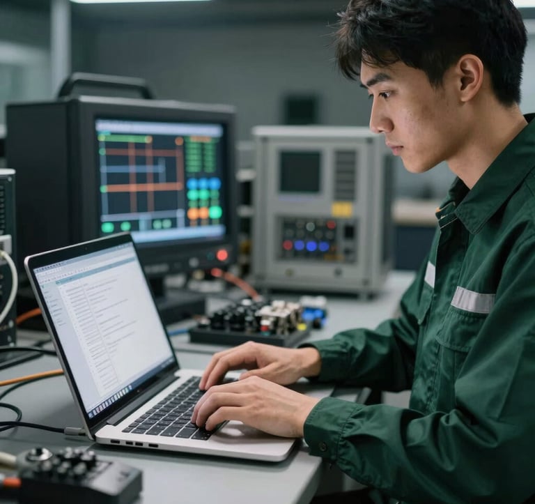 A close-up of a professional engineer in a dark green team uniform working on a laptop connected to a high-performance engine control unit. Sharp focus, professional lighting, dark aesthetic with clean white highlights.