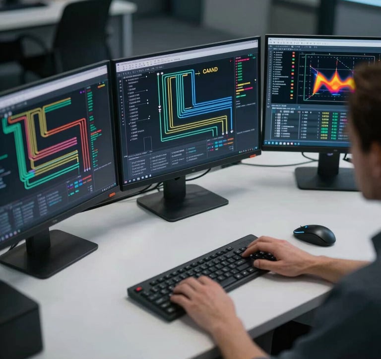 An overhead view of a technical workstation with three monitors displaying complex CAN bus wiring diagrams and telemetry heat maps. The desk is clean and professional, lit by a soft white glow that contrasts with the dark surroundings.