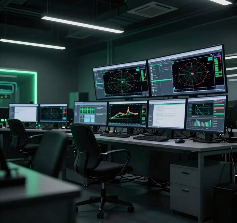 A wide, low-angle shot of a professional motorsport engineering office at night. Screens show complex CFD diagrams and race strategy software. The ambient lighting is dark green #134421 and black #0a0f0a, creating a premium, focused atmosphere.
