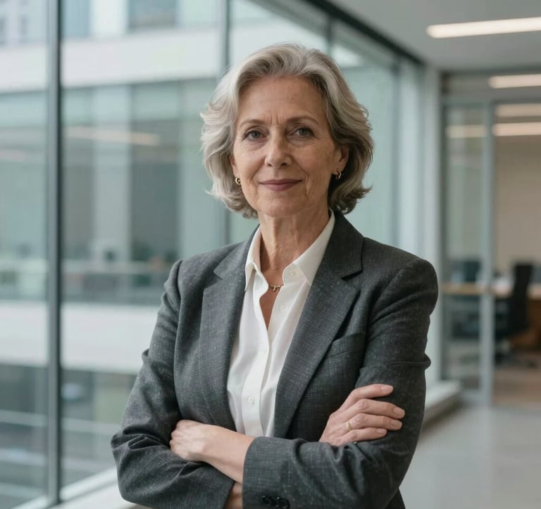 A professional portrait of a senior female educator in a modern glass office in a North American / Global city. The lighting is bright and clean, with a focus on her confident and approachable expression. Colors include charcoal and off-white.