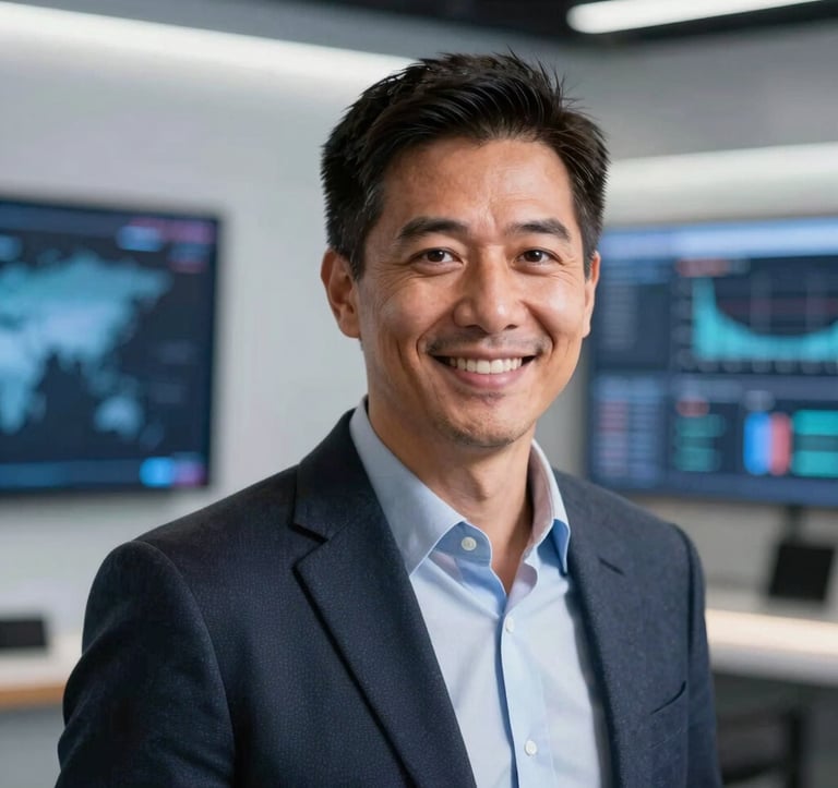 A professional portrait of a male tech strategist in a high-tech studio environment with blurred digital screens in the background. He is smiling warmly, dressed in professional attire. North American / Global context, lighting is crisp and modern.