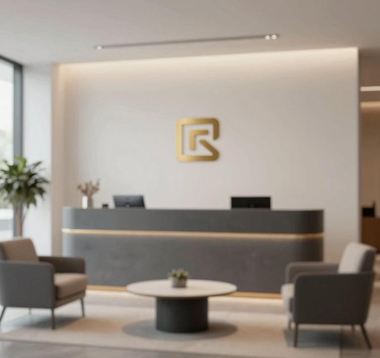 A sophisticated reception area of a modern construction firm office. Minimalist furniture in dark grey and beige tones, with a subtle gold brand logo on the wall. Professional and welcoming atmosphere.
