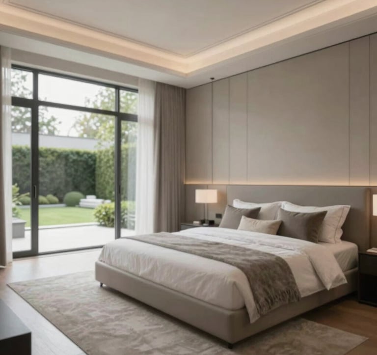 An interior shot of a high-end villa master bedroom. Neutral colors like #F8F8F8 and #A9A9A9 dominate. Textural luxury through wood and stone. Large windows overlooking a manicured garden. Elegant and serene.