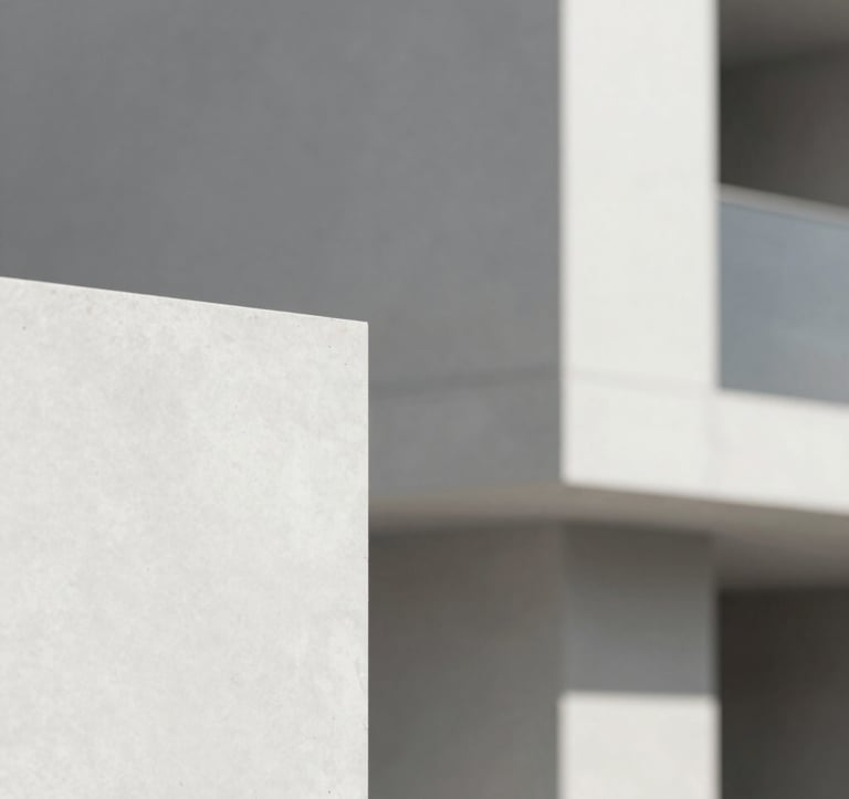 A minimalist architectural detail of a luxury construction project. Clean white concrete surfaces (#F8F8F8) and grey stone accents (#A9A9A9). Natural daylight creating soft shadows. Sophisticated and professional atmosphere.