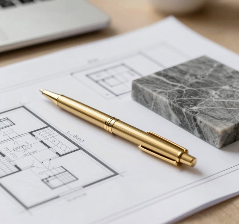 A close-up shot of an architect's desk with modern blueprints, a gold-plated pen (#C2A878), and a sample of high-quality grey marble (#A9A9A9). The lighting is bright and professional, signifying detail and quality.