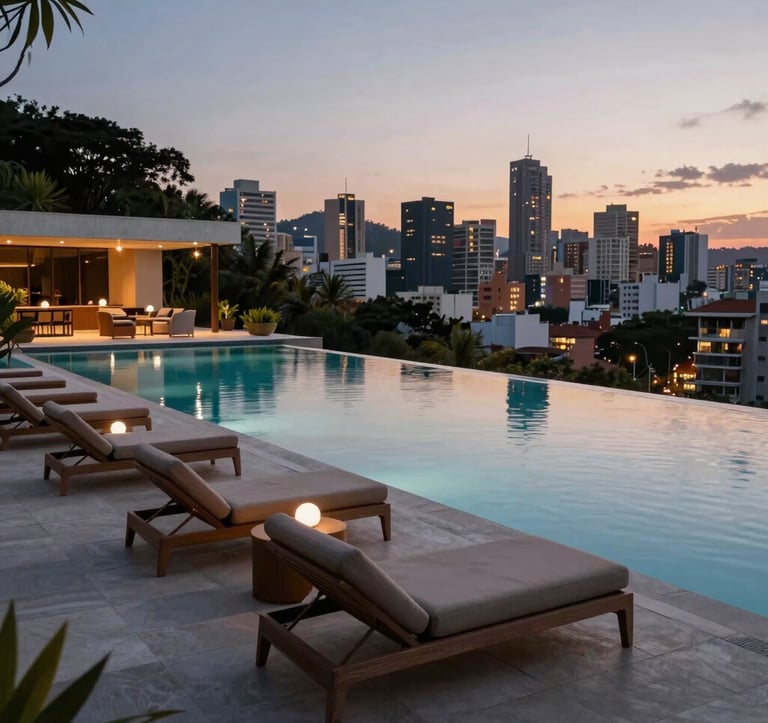 A serene infinity pool at dusk overlooking a sophisticated South American / Brazilian neighborhood. The water reflects the Pearl lights of the terrace, with Charcoal shadows and Taupe lounge furniture providing a premium, refined feel.