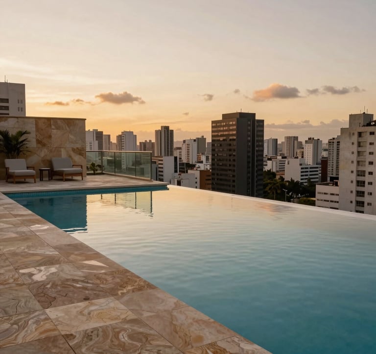 A luxury infinity swimming pool on a high-rise terrace in a South American / Brazilian city. The water reflects the bronze sky at dusk. The setting includes minimalist outdoor furniture and stone textures in warm stone tones.