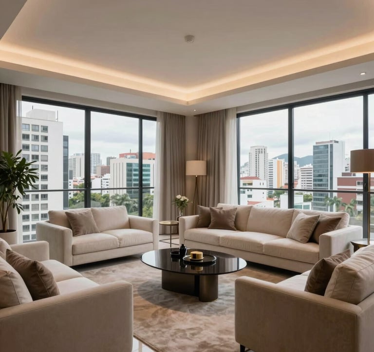 An interior shot of a luxury penthouse living room in a South American / Brazilian city. High ceilings, designer furniture in Pearl and Taupe tones, and floor-to-ceiling windows showing a panoramic urban view. Soft, elegant lighting creating a trustful atmosphere.
