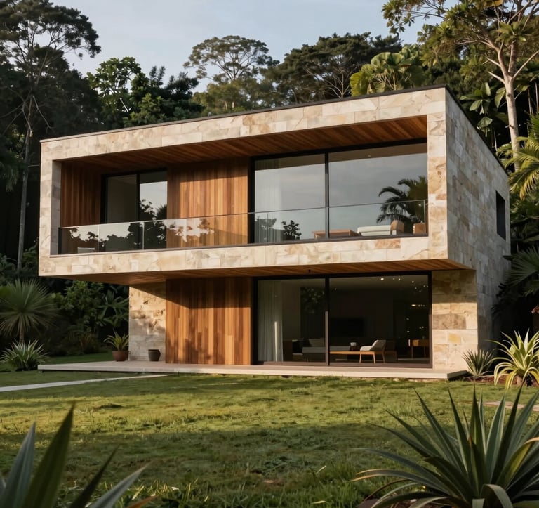 A daytime photograph of a modern minimalist mansion facade with large glass windows and natural Stone walls, nestled in a lush green South American / Brazilian landscape. Professional lighting highlights the textures of the Muted Brown wood and Light Stone accents.