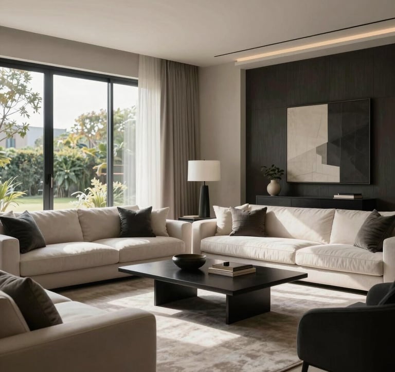 An interior view of an elegant living room in a high-end South American / Brazilian home. The room features minimalist luxury decor in pearl and charcoal, with soft natural light streaming through large windows. The mood is calm and professional.