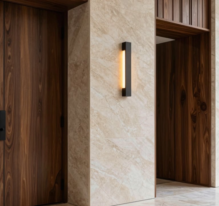 Close-up architectural detail of a luxury property entrance: polished marble in Light Stone color paired with dark hardwood panels. Minimalist South American / Brazilian design aesthetic, clean lines, and sophisticated lighting.