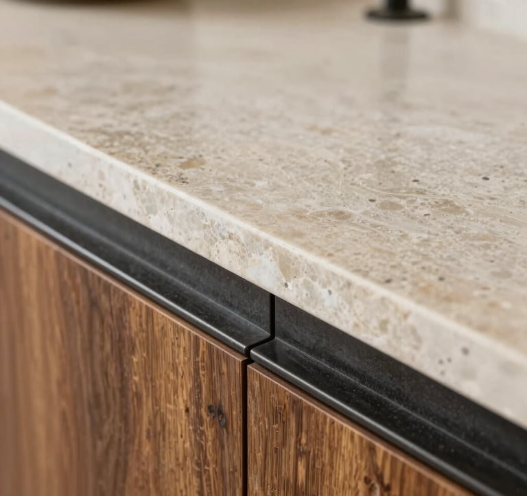 A detail shot of high-quality architectural materials in a South American / Brazilian luxury home. A combination of polished stone, warm wood, and dark charcoal metal accents. Sharp focus, professional lighting, highlighting textures and craftsmanship.