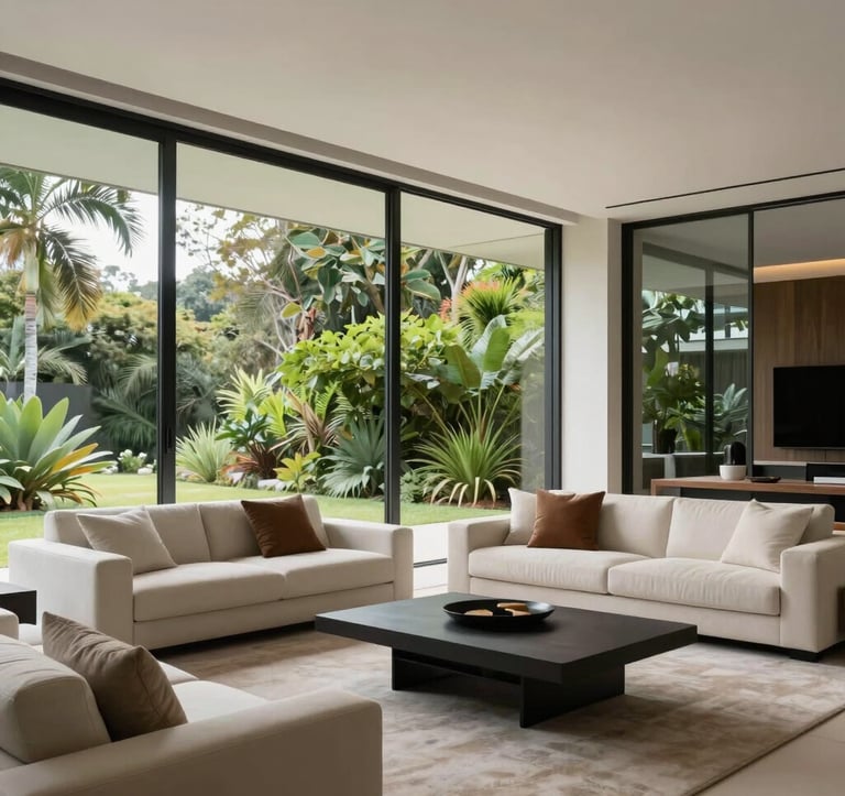 A high-end contemporary living room in a South American / Brazilian residence. Large floor-to-ceiling glass windows show lush greenery outside. Modern minimalist furniture in off-white and muted brown tones. Clean lines, soft natural lighting, reflecting a premium lifestyle.