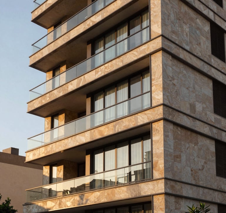 An architectural close-up shot of a modern residential building facade in a prestigious South American / Brazilian neighborhood. The design uses clean lines, large glass panels, and stone cladding in warm stone and bronze colors, captured during the golden hour.
