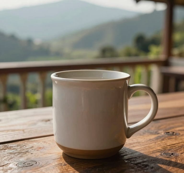 A close-up lifestyle shot of a ceramic mug on a rustic wooden table, with the out-of-focus background showing a lush, green terrace and a South Asian / Indian mountain valley. Warm, morning sunlight.