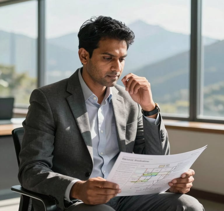 A portrait of a South Asian Indian man in professional attire, sitting in a sunlit mountain-view office with large windows, looking thoughtfully at a real estate development plan, representing modern professionalism and deep industry knowledge.