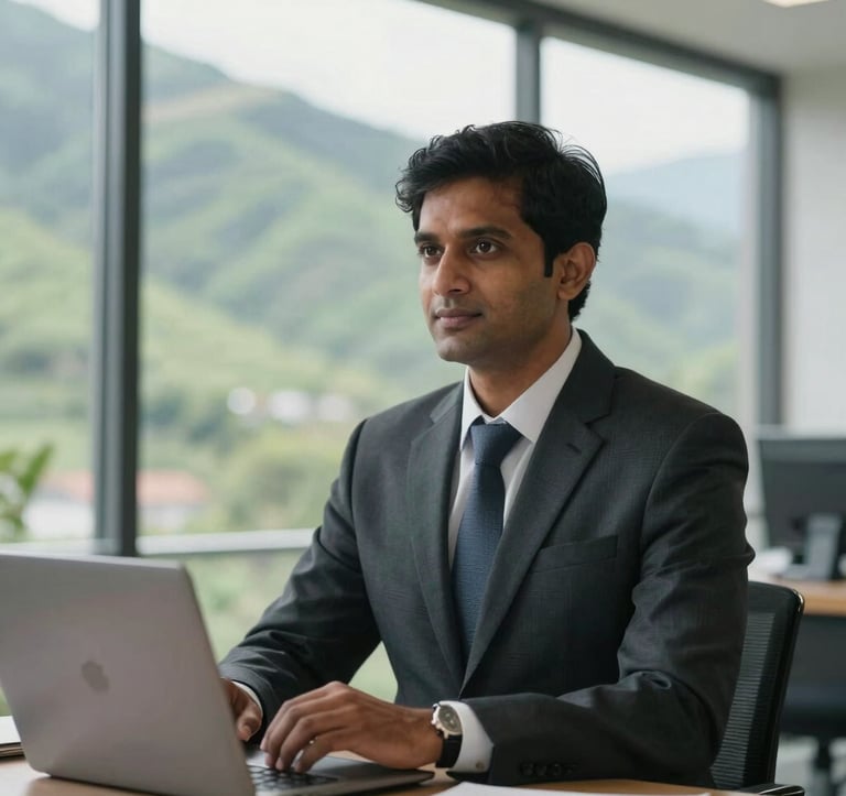 A medium shot of a professional South Asian / Indian real estate consultant in a bright, modern office. Through the large window, a clear view of green mountain slopes is visible. The lighting is soft and natural, emphasizing a trustworthy and professional mood.