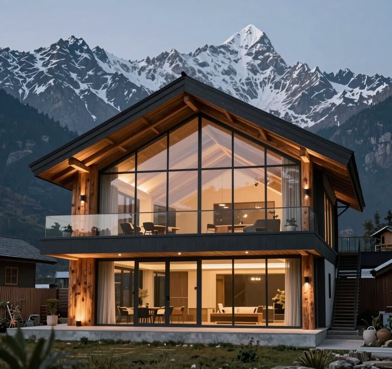 A low-angle architectural photograph of a modern mountain home featuring glass walls and local pine accents. The structure is set against a backdrop of towering Himalayan peaks at twilight. South Asian / Indian inspired luxury design.